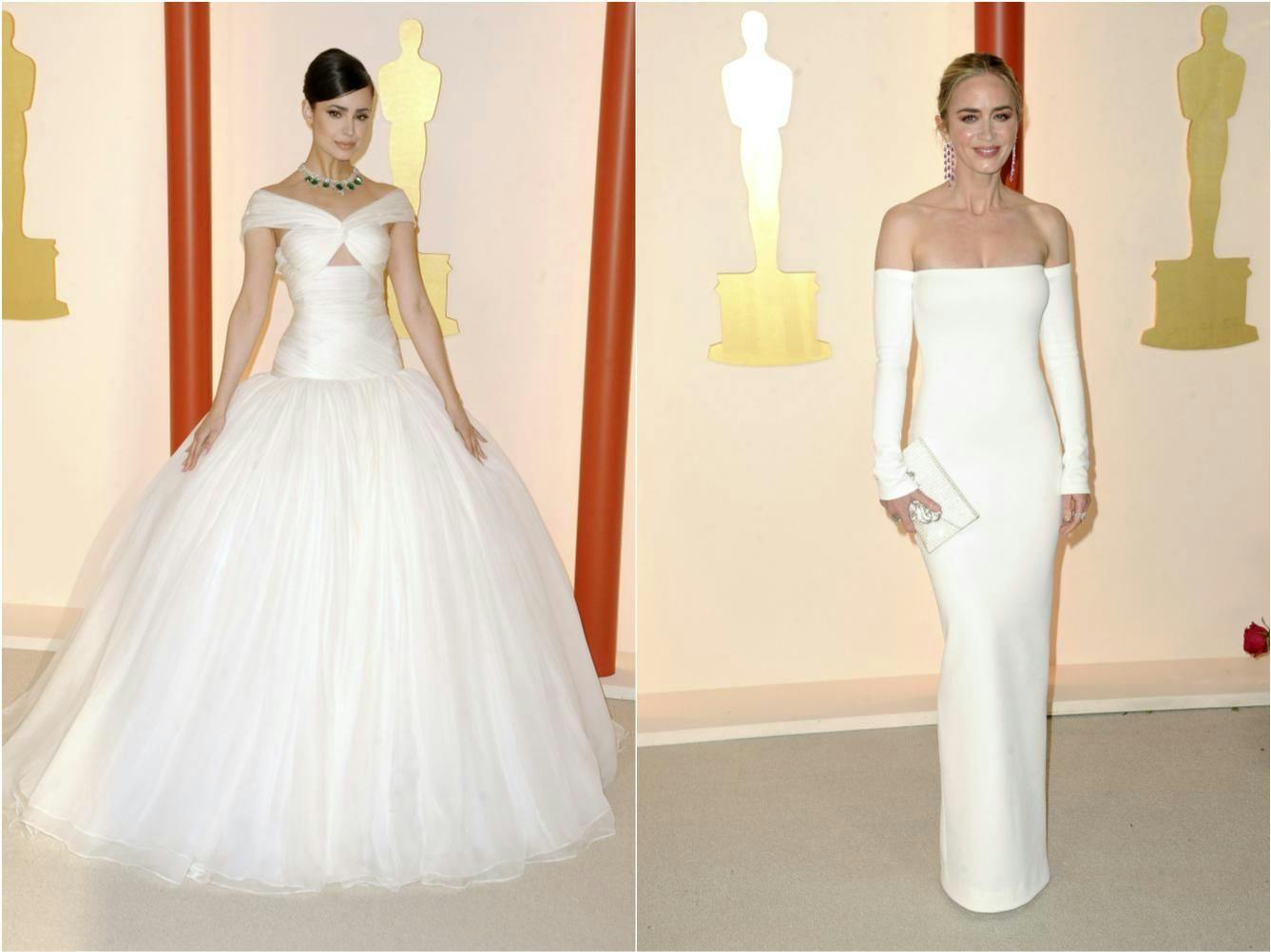 Bei den Oscars: Sofia Carson (links) in einer großen Ballrobe mit Guckloch im Dekolleté-Bereich von Giambattista Valli, dazu Schmuck von Chopard; Emily Blunt in einem schlichten weißen Kleid von Valentino mit einer modernen Variante des klassischen Carmen-Ausschnitts, dazu Schuhe von Alexandre Birman.