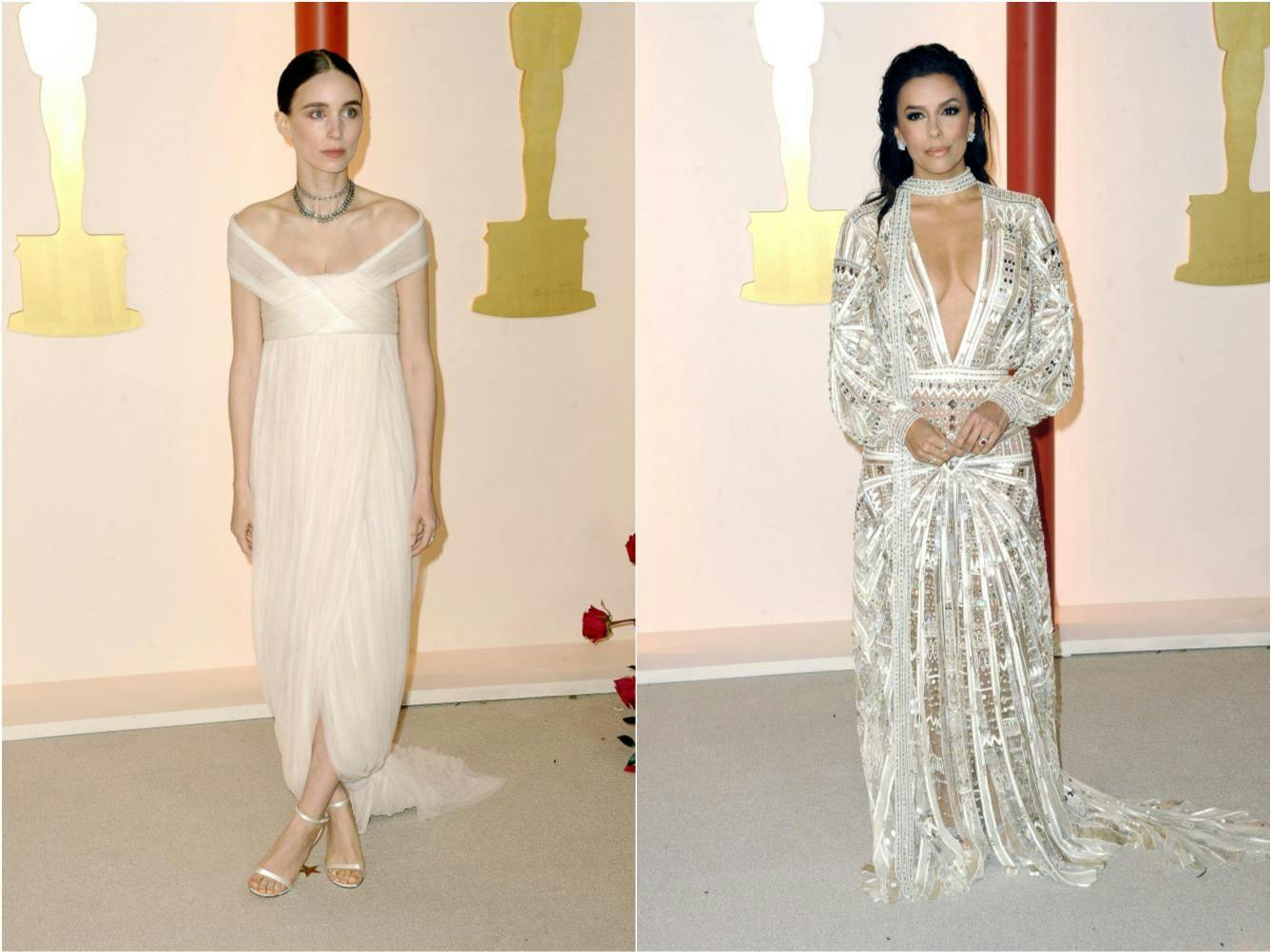 Bei den Oscars: Rooney Mara im champagnerfarbenen Kleid in angedeuteter Empire-Linie und mit zusammengefasster kurzer Schleppe von Alexander McQueen; Eva Longoria in einer tief ausgeschnittenen Robe mit glänzenden Art-Deco-Details von Zuhair Murad, dazu Schmuck von Chopard.