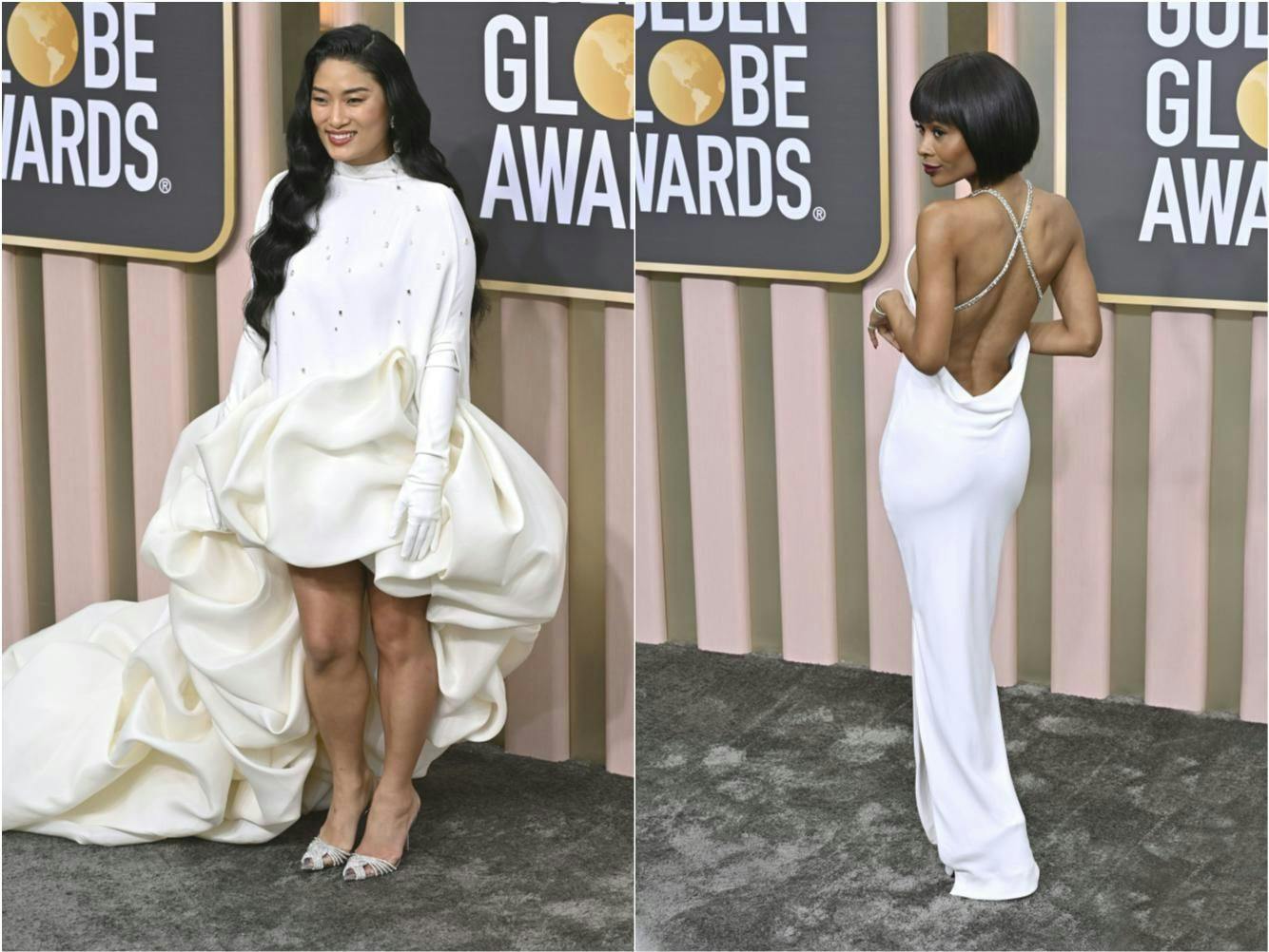 Bei den Golden Globes: Chloe Flower (links) in einer eierschalenfarbenen Robe von Stéphane Rolland im Vokuhila-Schnitt, mit mittellangen Ärmeln, dazu helle Opernhandschuhe; Zuri Hall im bodenlangen Kleid mit tiefem Rückenausschnitt und silbernen Trägern von Nicole + Felicia, dazu Schmuck von Shay.