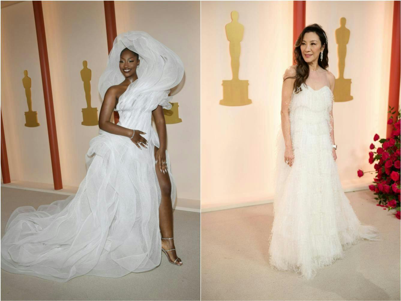 Bei den Oscars: Tems in einer architektonisch inszenierten Robe mit haubenartigem Kragen-Bau, hohem Beinschlitz und kurzer Schleppe von Lever Couture; Michelle Yeoh in einem ausgestellten weißen Abendkleid, über und über mit Federn besetzt, mit transparenter Dekolleté-Partie von Dior, dazu Schmuck von Moussaieff.