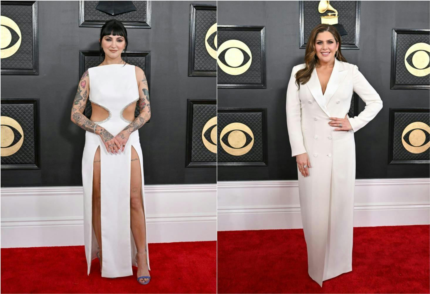 Bei den Grammys: Julia Michaels in einer Robe von von Azzi and Osta mit hohen Beinschlitzen und silberfarben gerahmten Aussparungen im Taillenbereich, dazu blau-grüne Absatz-Sandalen von Casadei; Hillary Scott in einem doppelreihigen weißen Mantelkleid mit aufsteigendem Reverskragen und bezogenen Knöpfen.