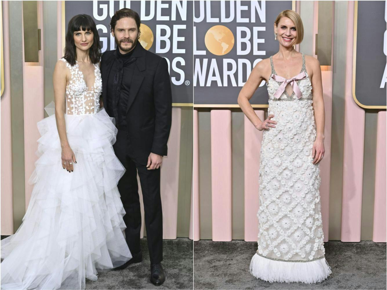 Bei den Golden Globes: Felicitas Rumbold (links, nebst Ehemann Daniel Brühl) in einer Robe mit Blütenapplikationen und mehrlagigem Rockteil von Kaviar Gauche; Claire Danes in einem cremefarbenen, gerade geschnittenen Kleid von Giambattista Valli mit Satinschleife und Fransensaum.