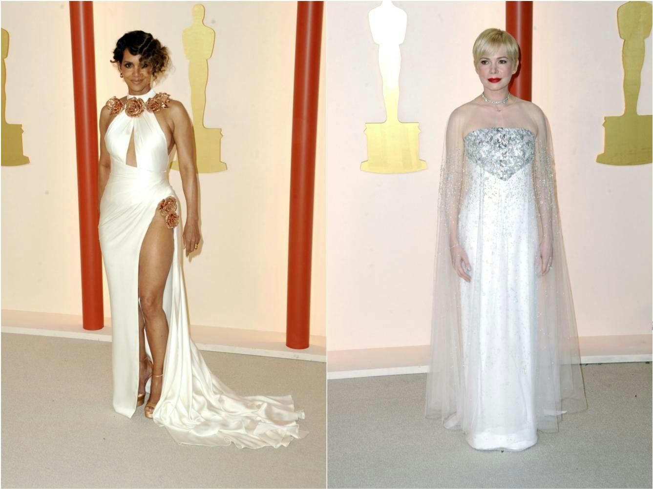 Bei den Oscars: Halle Berry (links) in einem cremefarbenen Abendkleid mit hohem Beinschlitz und kurzer Schleppe von Tamara Ralph, dazu Pomellato-Schmuck; Michelle Williams in einer engelsgleichen weißen Chanel-Robe mit silbernen Details und transparentem Überwurf, dazu ein Collier von Tiffany und Co.