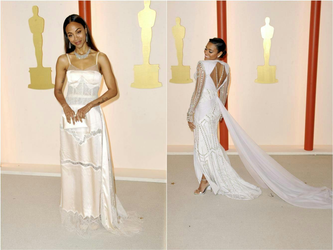 Bei den Oscars: Zoe Saldaña (links) in einem champagnerfarbenen Slip-Kleid mit Spitzendetails aus der Fendi-Kollektion des vergangenen Herbstes, dazu Vintage-Schmuck von Cartier; Ariana DeBose in einem maßgeschneiderten weißen Versace-Kleid mit vielen silbernen Schmuckelementen, dazu eine Uhr von Omega.