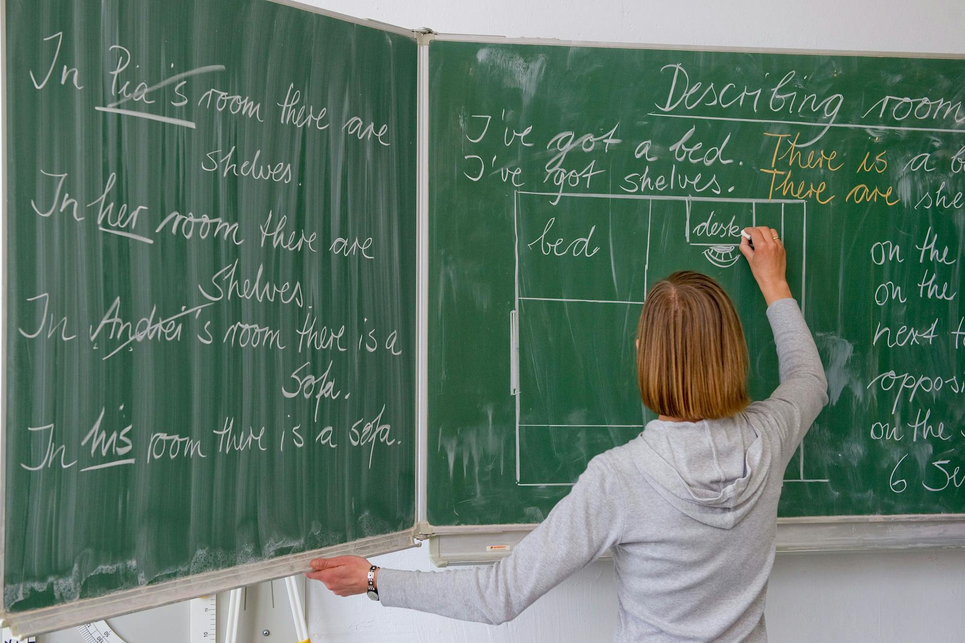 Eine Englisch-Lehrerin einer Grundschule schreibt Unterrichtsinhalte an die Tafel.