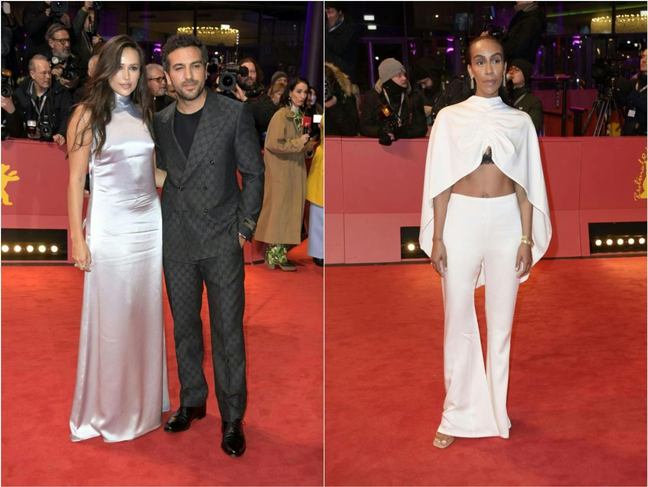 Bei der Berlinale: Jessica Riso (links, nebst Ehemann Elias M'Barek) in einem hochgeschlossenen, ärmellosen Seidenkleid im nassglänzenden Silberton; Hadnet Tesfai in einem Zweiteiler aus einem cape-artigen Oberteil und einer ausgestellten Hose von der Berliner Brautmodenmarke Kaviar Gauche.