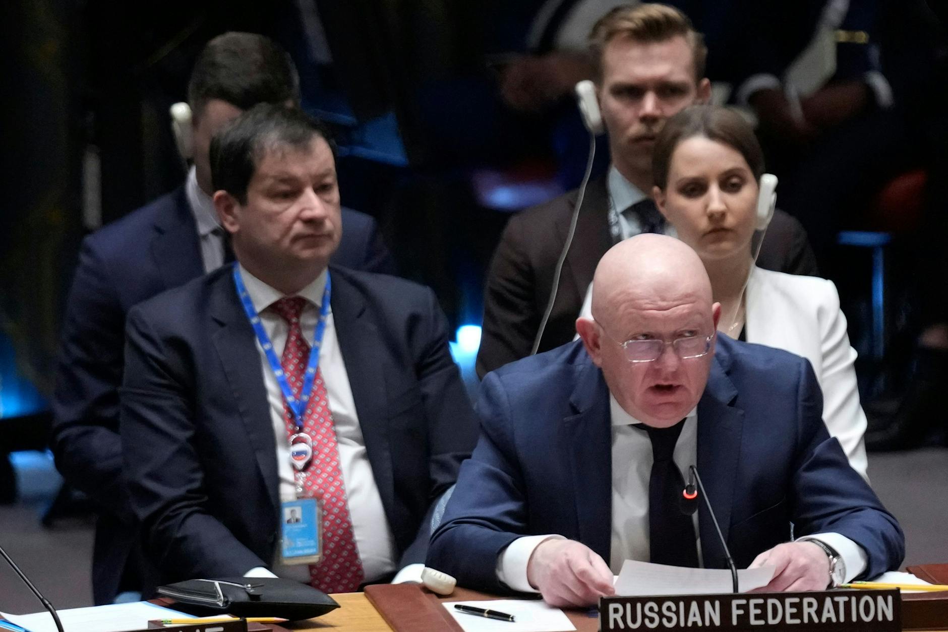 Wassili Nebensja, Botschafter von Russland bei den Vereinten Nationen, spricht während einer Sitzung des Sicherheitsrates im Hauptquartier der Vereinten Nationen. 