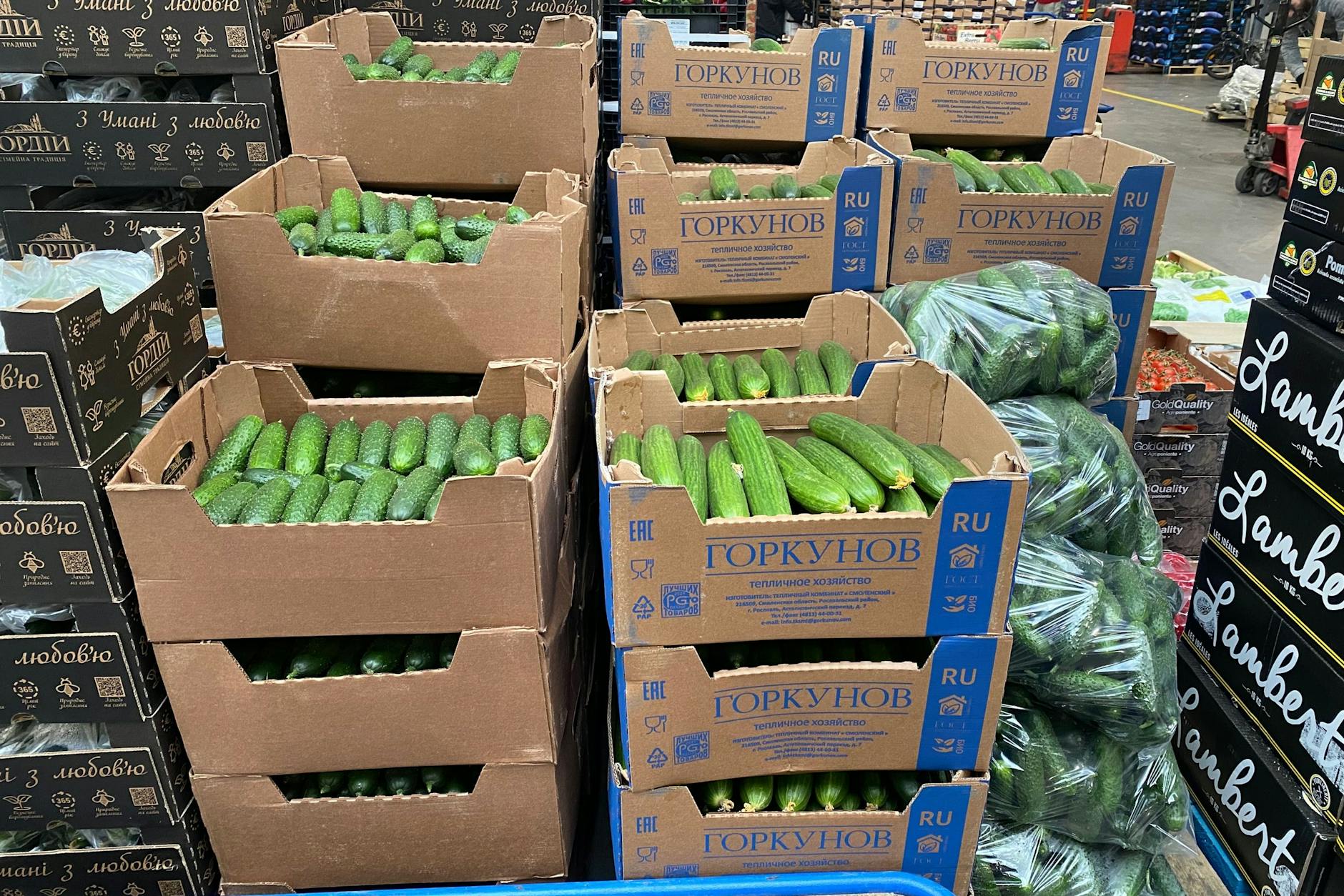 Russische Gurken in einem polnischen Großhandelsmarkt.