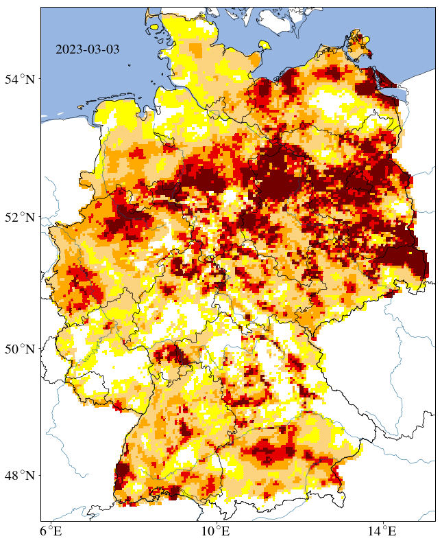 Der Dürremonitor des Helmoltz-Zentrums für Umweltforschung (UFZ) zeigt das Ausmaß der aktuellen Trockenheit: Dargestellt ist die Entwicklung der letzten 14 Tage in 1,8 Metern Tiefe.