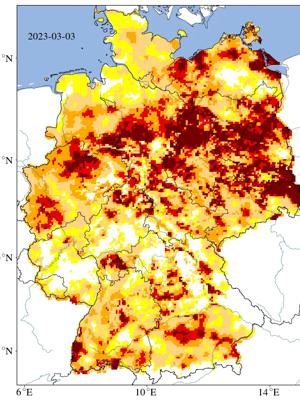 Der Dürremonitor des Helmoltz-Zentrums für Umweltforschung (UFZ) zeigt das Ausmaß der aktuellen Trockenheit: Dargestellt ist die Entwicklung der letzten 14 Tage in 1,8 Metern Tiefe.