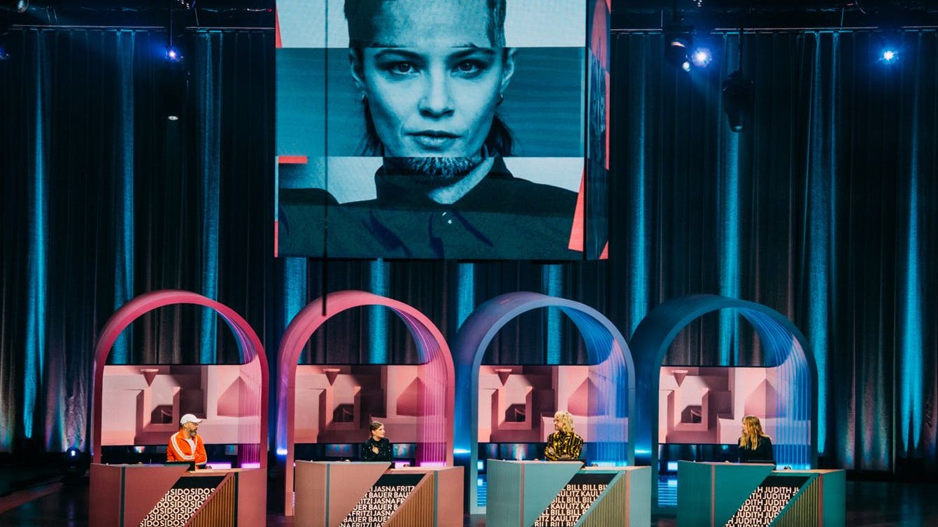 Die Kandidaten in der fünften Folge von „Wer stiehlt mir die Show?“ mit Joko Winterscheidt: Rapper Sido, Schauspielerin Jasna Fritzi Bauer, „Tokio Hotel“-Star Bill Kaulitz und Wildcard-Kandidatin Judith.