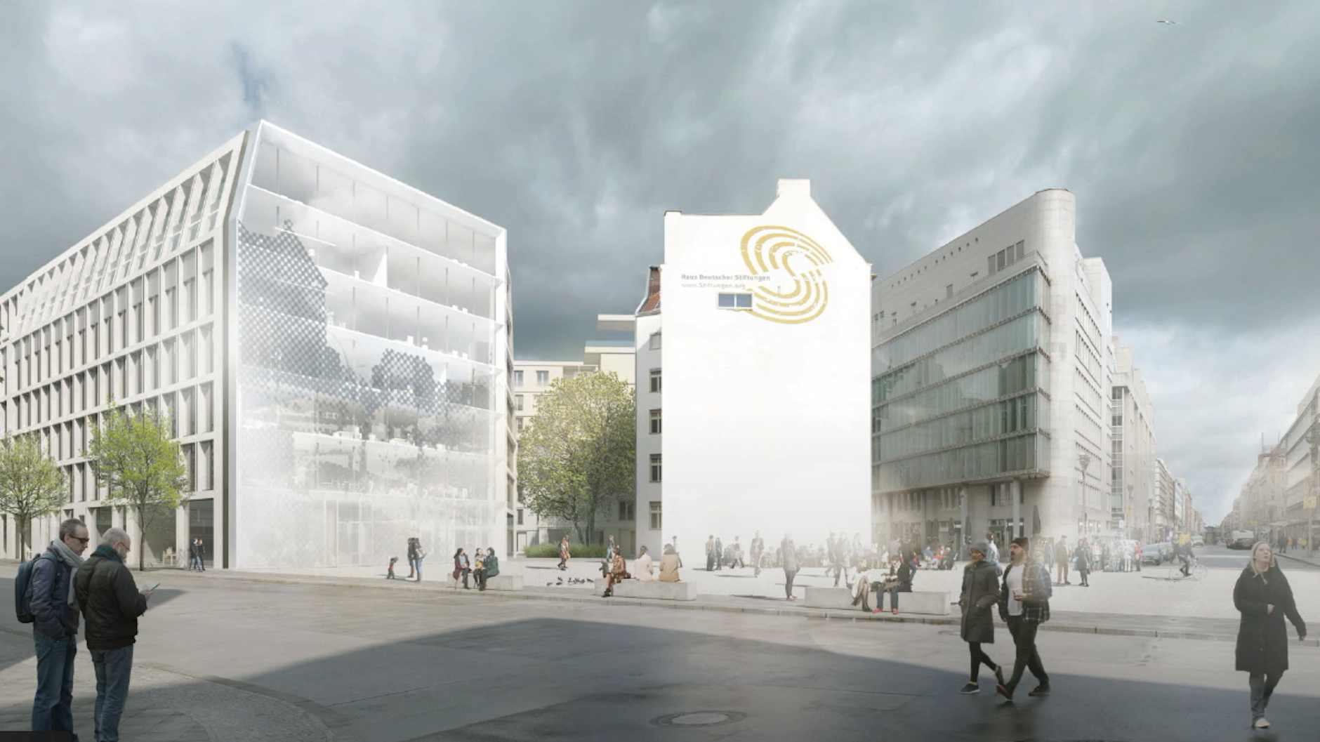 Zur Diskussion im Baukollegium: Das Architekturbüros Meixner Schlüter Wendt will vor dem geplanten Bürohaus am künftigen Stadtplatz eine bedruckbare Scheibe aus Opakglas errichten. Hier ganz links im Bild. Ob es so kommt, ist offen.