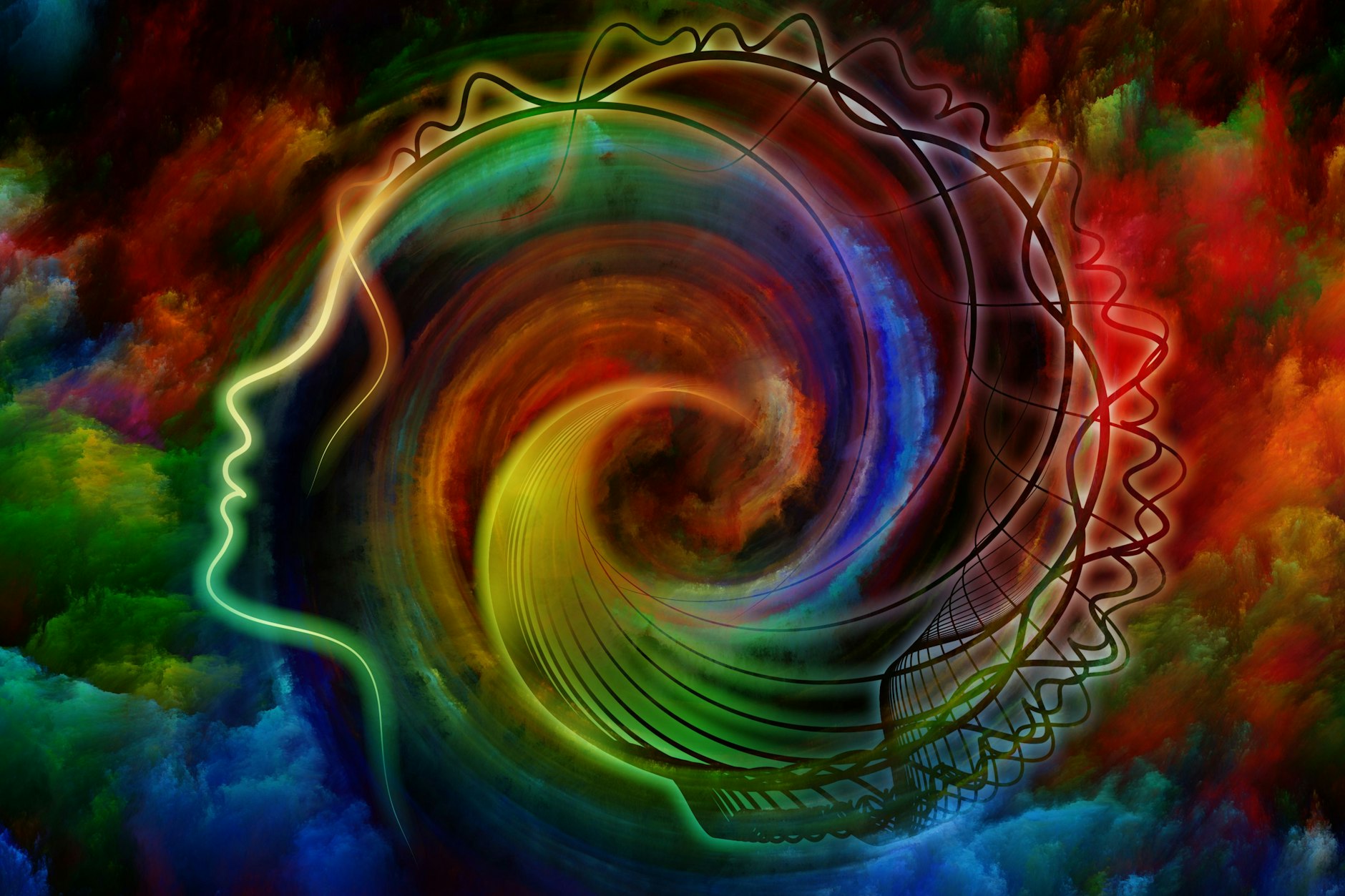 Illustration eines Gedankenstrudels. Bei Ayahuasca-Konsum verändert sich die Wahrnehmung tiefgreifend.