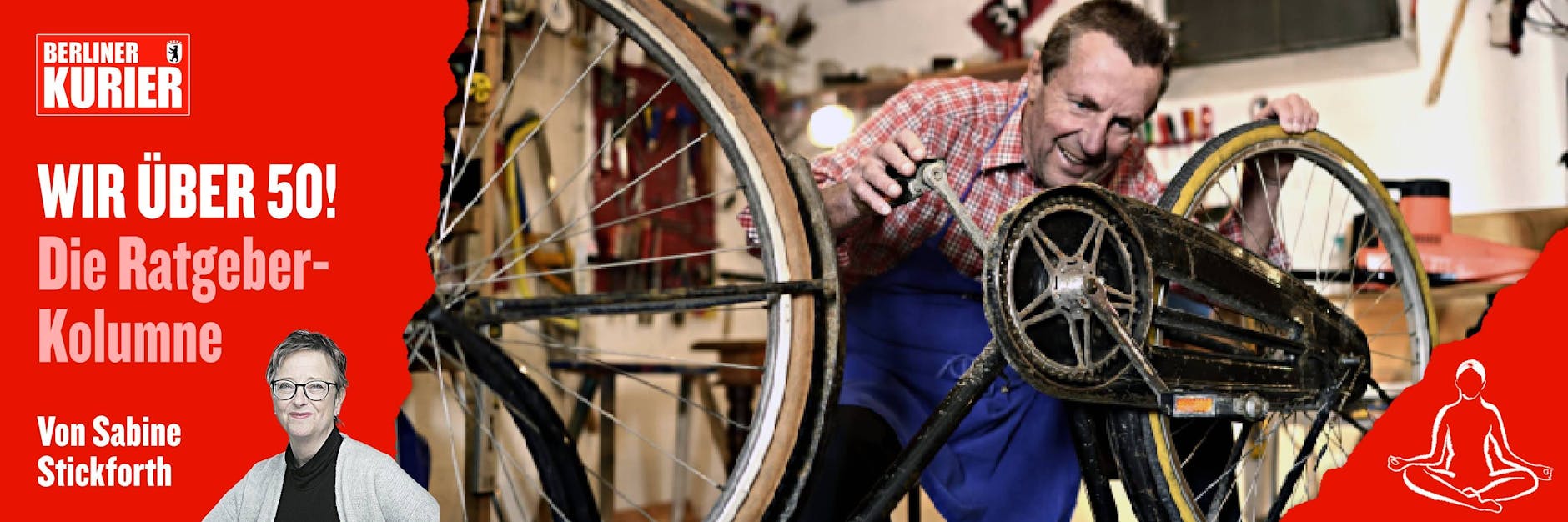 Dieser vitale ältere Herr checkt sein Fahrrad vor der ersten Tour im Frühling