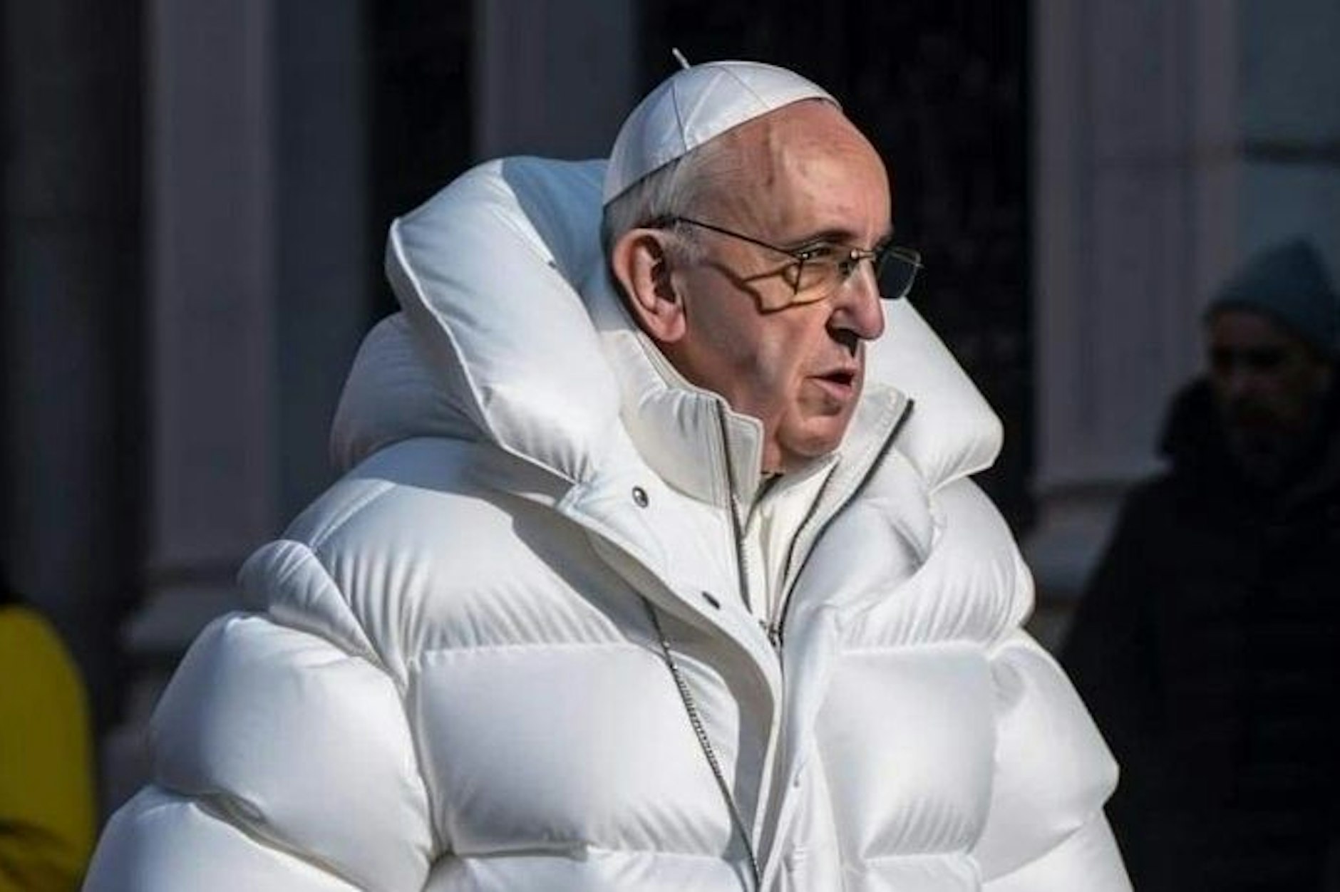 Er hat's drauf, jedenfalls modisch: das Bild einer KI zeigt Papst Franziskus als heiligen Fashion-Vater.