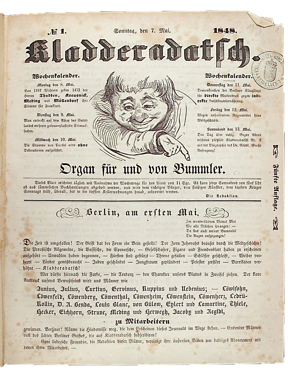 Die erste Nummer der Berliner Satirezeitung Kladderadatsch kommt am 7. Mai 1848 in den Handel. Das grinsende Gesicht des Jungen wird zum Markenzeichen des Blattes. Das Dativ-n in der Zeile darunter? Wurde halt verbummelt.