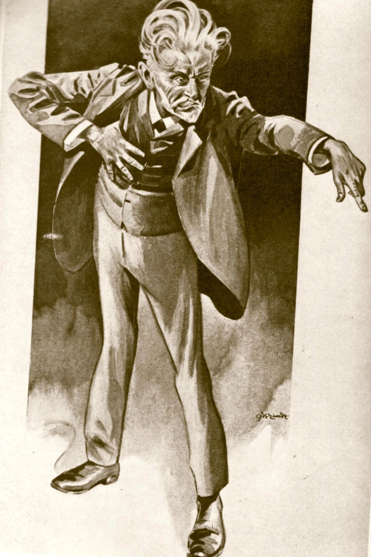 „Der rabiate August Bebel“ – Gustav Brandt karikierte den Vorsitzenden der Sozialdemokratischen Partei Deutschlands 1903 für den Kladderadatsch. Bebel nutzte gerne das Schlagwort „großer Kladderadatsch“ als Um- und Beschreibung des immer wieder vorhergesagten Zusammenbruchs der bürgerlichen Gesellschaft.