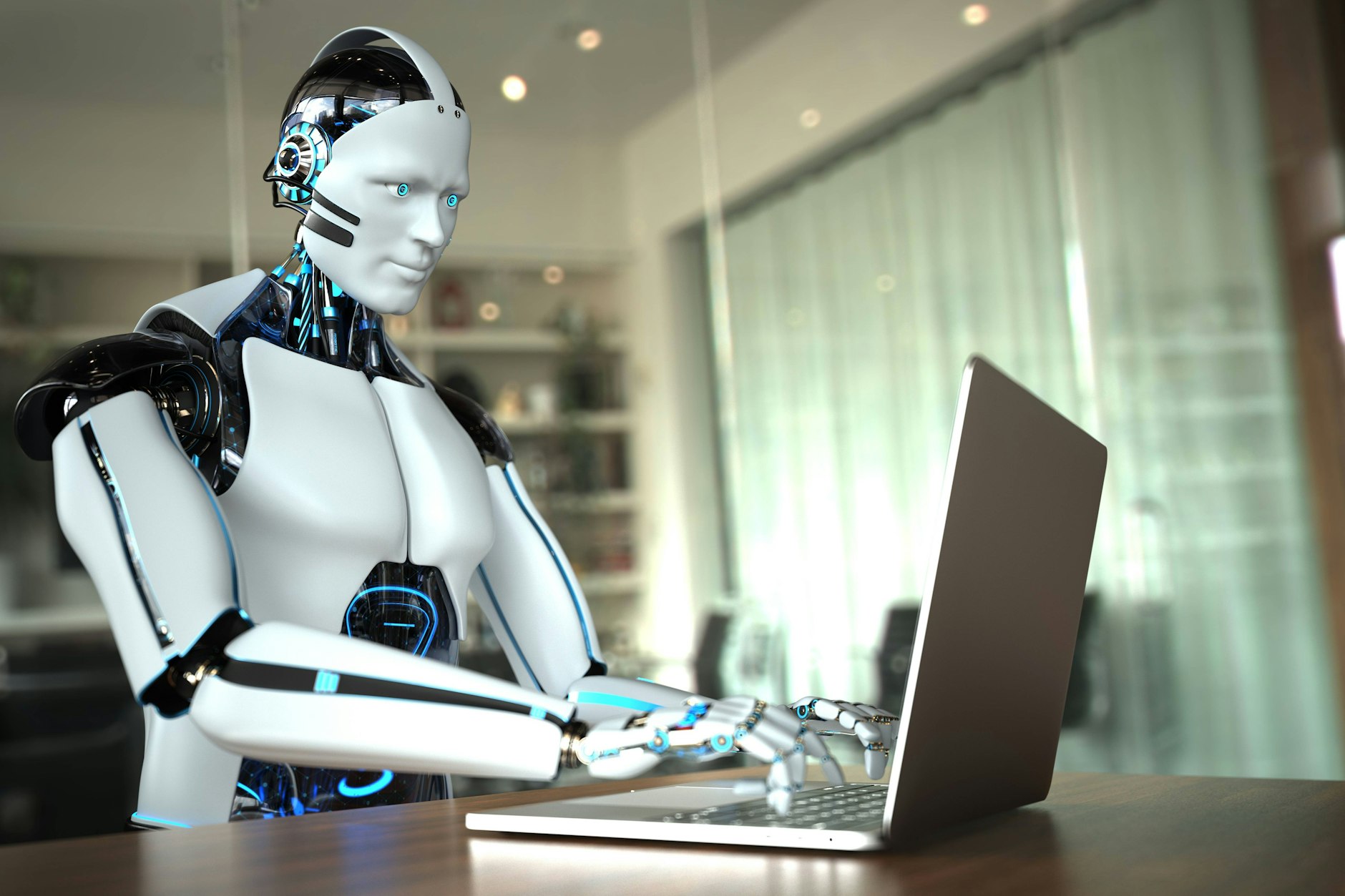 Menschlicher Chat-Roboter: 3D-Illustration eines humanoiden Roboters im Bürojob.