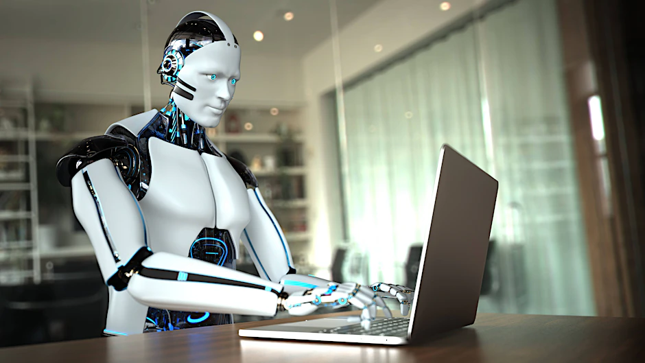 Menschlicher Chat-Roboter: 3D-Illustration eines humanoiden Roboters im Bürojob.