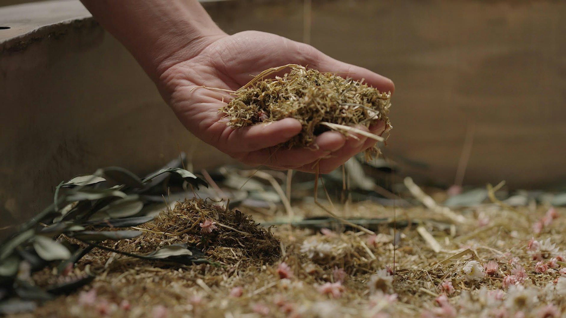 Auf ein Substrat aus Heu und Blüten wird der Körper gelegt. Dann wird der Kokon, in dem der Körper zu Erde wird, verschlossen.