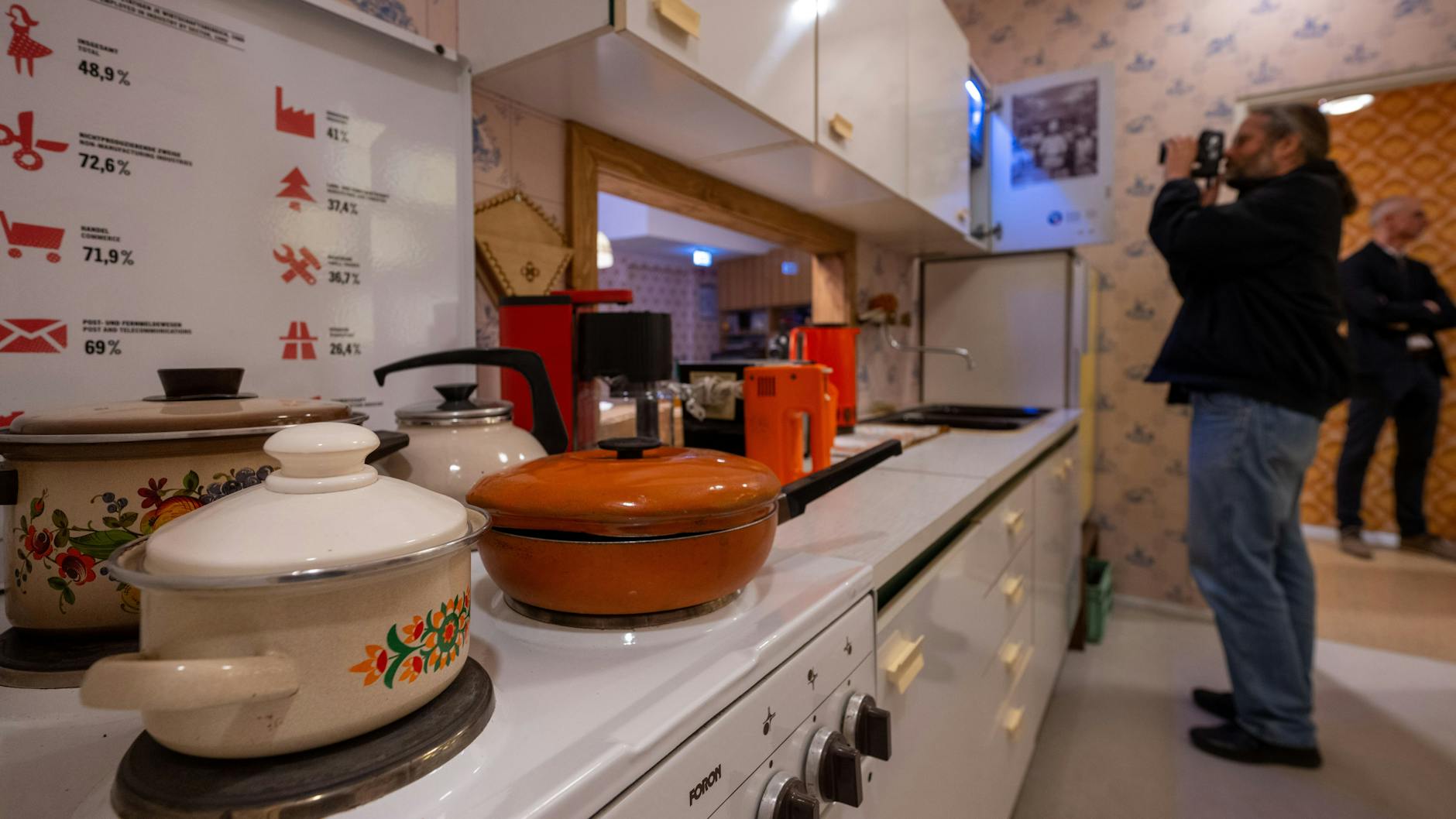 Kochtöpfe stehen auf einem Herd in der Küche einer nachgebauten WBS-70-Wohnung in den Ausstellungsräumen des DDR-Museums, aufgenommen bei der Pressekonferenz zur Wiedereröffnung des DDR-Museums.