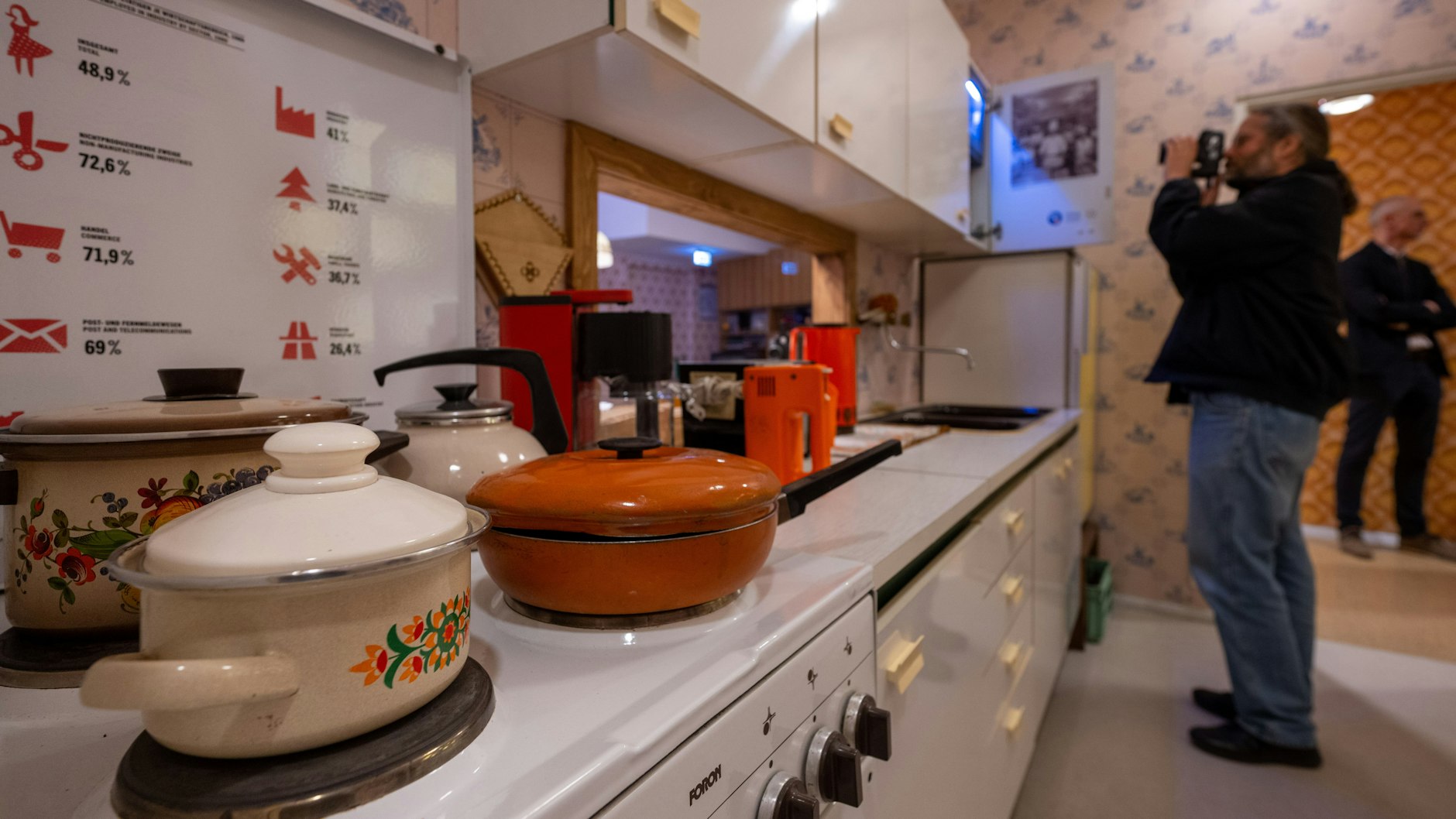 Kochtöpfe stehen auf einem Herd in der Küche einer nachgebauten WBS-70-Wohnung in den Ausstellungsräumen des DDR-Museums, aufgenommen bei der Pressekonferenz zur Wiedereröffnung des DDR-Museums.