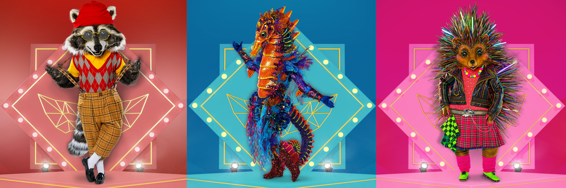 Drei der Kostüme bei The Masked Singer in Deutschland: Waschbär, Seepferdchen und Igel.