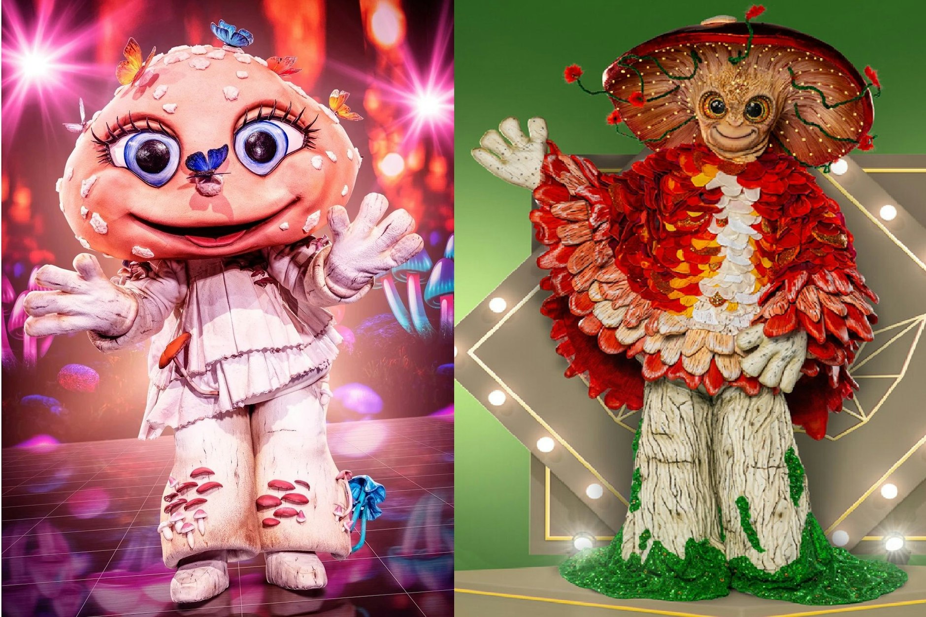 Der direkte Vergleich: Das Pilz-Kostüm aus Belgien (links) und der deutsche Grusel-Pilz, der hierzulande bei The Masked Singer auf der Bühne stehen wird.