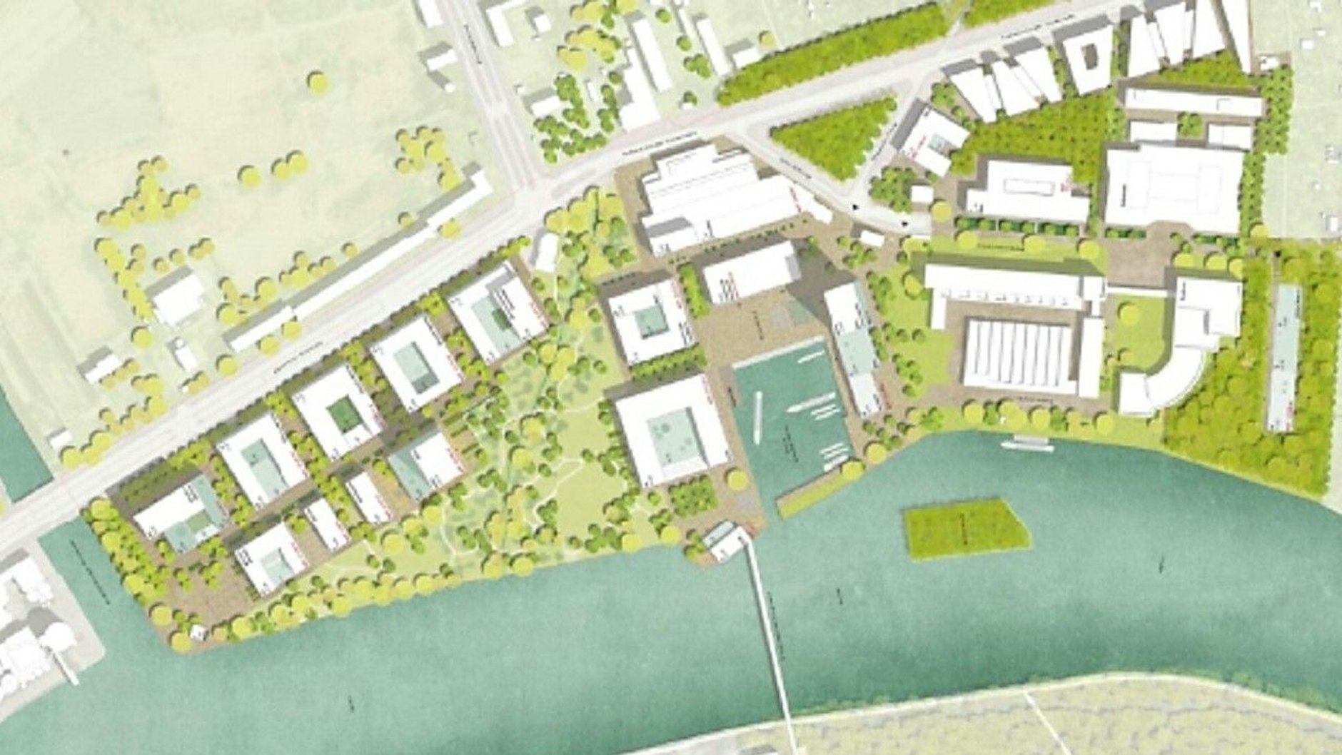 So stellen sich Architekten und Landschaftsplaner die Spreeküste vor. Links der Rummelsburger Stichkanal, rechts das gebogene Funkhaus Berlin, nach oben führt der Blockdammweg, unten die unter Umständen zu verwirklichende Fußgängerbrücke über die Spree. Achtung: Der Plan ist nicht genordet, Norden ist links.