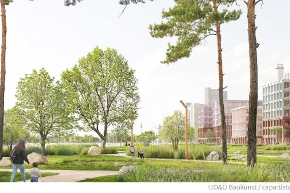 So soll der für Passanten freigegebene Park zwischen den Neubauten und der Spree aussehen. Hinten links sieht man das Riesenrad Plänterwald, rechts ragt ein Schornstein vom Kraftwerk Klingenberg über die Häuser.