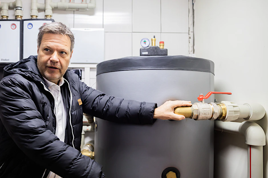 Wirtschaftsminister Robert Habeck (Bündnis 90/Die Grünen)&nbsp;lässt sich beim Besuch eines Krankenhauses in Horenka nahe Kiew Anfang April den Tank einer Wärmepumpe zeigen.