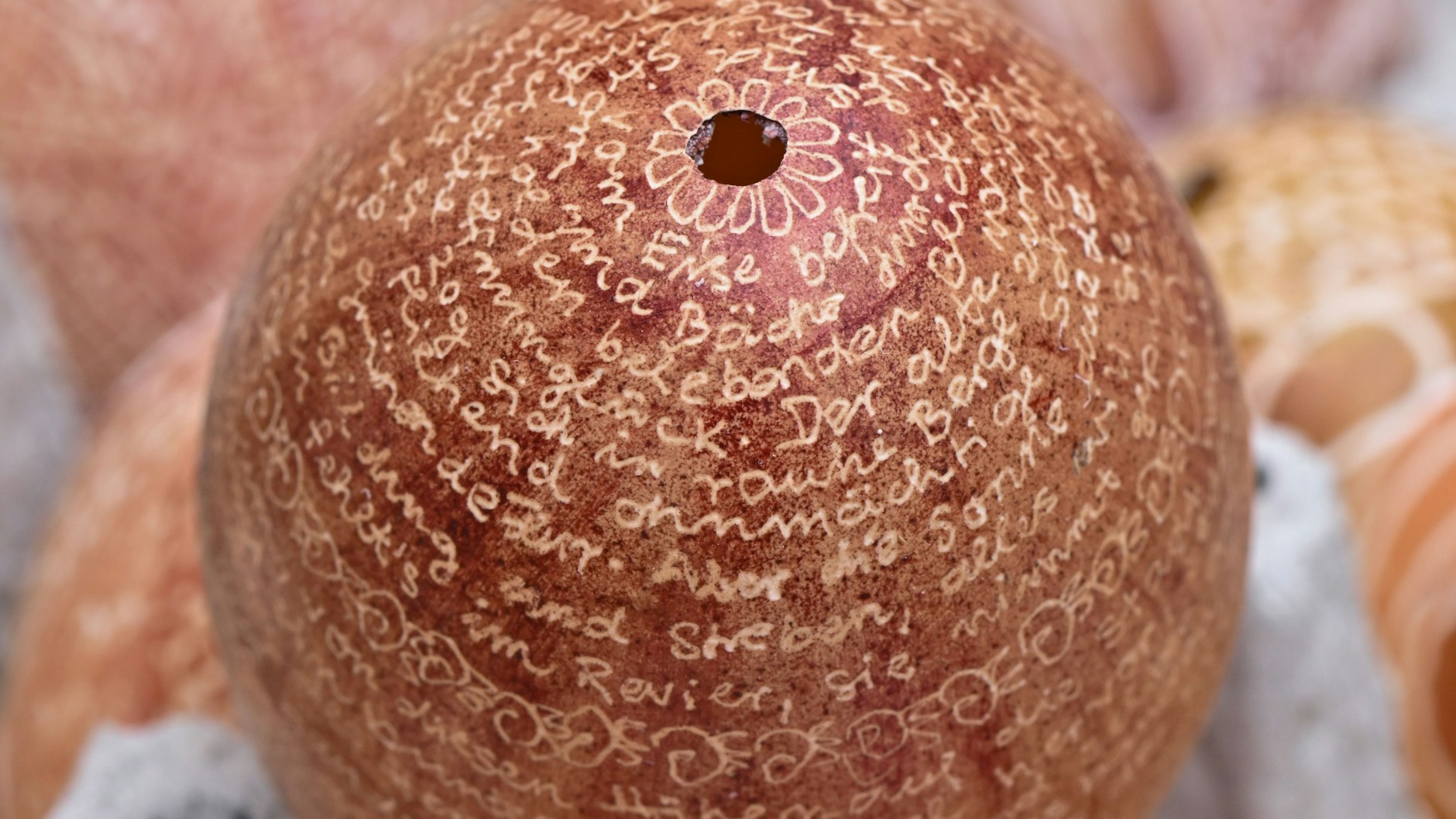 Das komplette Gedicht „Der Osterspaziergang“ von Goethe hat Renate Radoy in nur millimetergroßen Buchstaben in ein Osterei graviert.