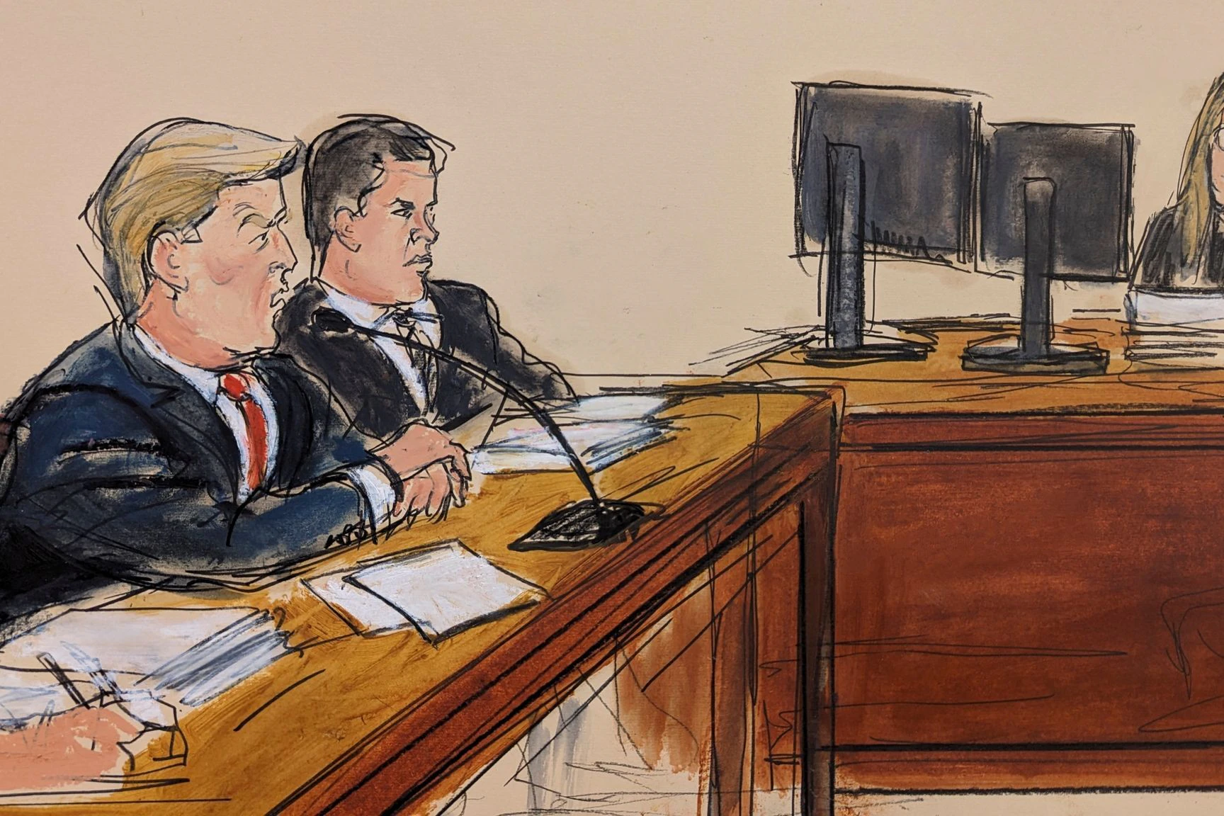 Die Gerichtszeichnung zeigt den ehemaligen US-Präsidenten Donald Trump (l) in einem Gerichtssaal in Manhattan während er auf nicht schuldig plädiert und die Anklage verlesen wird.&nbsp;