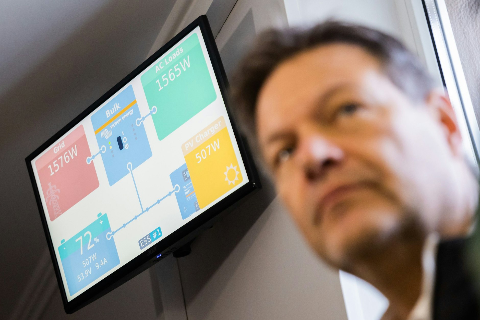 Robert Habeck (Bündnis 90/Die Grünen), Bundesminister für Wirtschaft und Klimaschutz, steht beim Besuch eines Krankenhauses mit nachhaltigem Energiekonzept in Horenka nahe Kiew vor dem Statusmonitor der Energieanlage, welche auf Solarmodulen und einer Wärmepumpe basiert. Symbolbild.