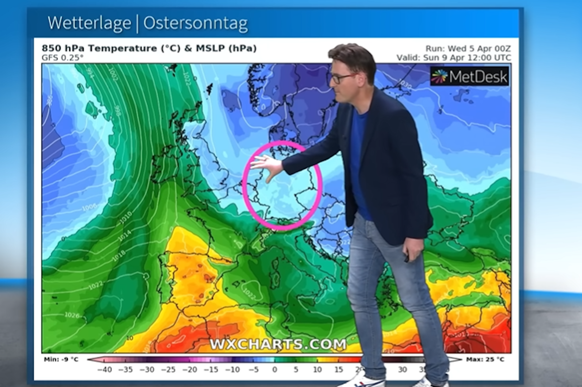 Wetter-Experte Dominik Jung erklärt die Wetterkarte. Die Kaltluft aus dem Osten hat Deutschland auch an Ostern weiter fest im Griff.