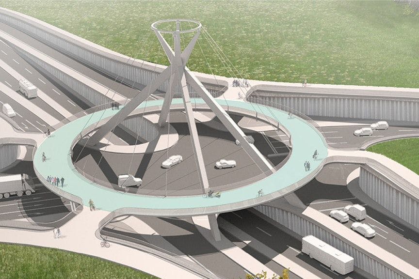 So könnte der Knotenpunkt am Nordende der geplanten TVO aussehen. In Tunnellage kreuzt die B1/B5, der Nord-Süd-Verkehr wird darüber geführt. Rechts führt die Märkische Allee nach Marzahn, links die TVO nach Köpenick. Eine kreisrunde Brücke dient dem Rad- und Fußverkehr.
