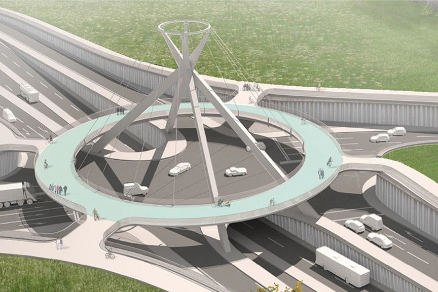 So könnte der Knotenpunkt am Nordende der geplanten TVO aussehen. In Tunnellage kreuzt die B1/B5, der Nord-Süd-Verkehr wird darüber geführt. Rechts führt die Märkische Allee nach Marzahn, links die TVO nach Köpenick. Eine kreisrunde Brücke dient dem Rad- und Fußverkehr.