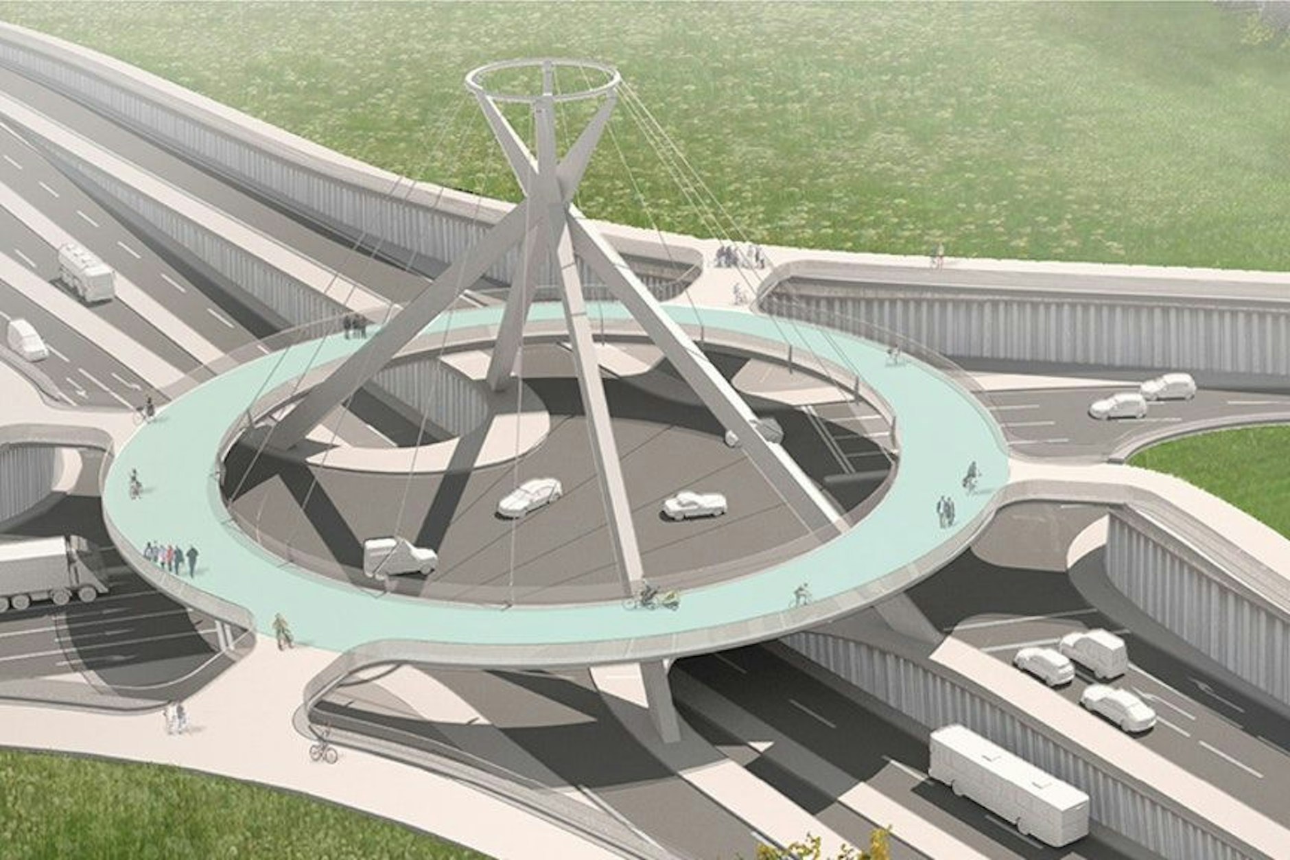 So könnte der Knotenpunkt am Nordende der geplanten TVO aussehen. In Tunnellage kreuzt die B1/B5, der Nord-Süd-Verkehr wird darüber geführt. Rechts führt die Märkische Allee nach Marzahn, links die TVO nach Köpenick. Eine kreisrunde Brücke dient dem Rad- und Fußverkehr.