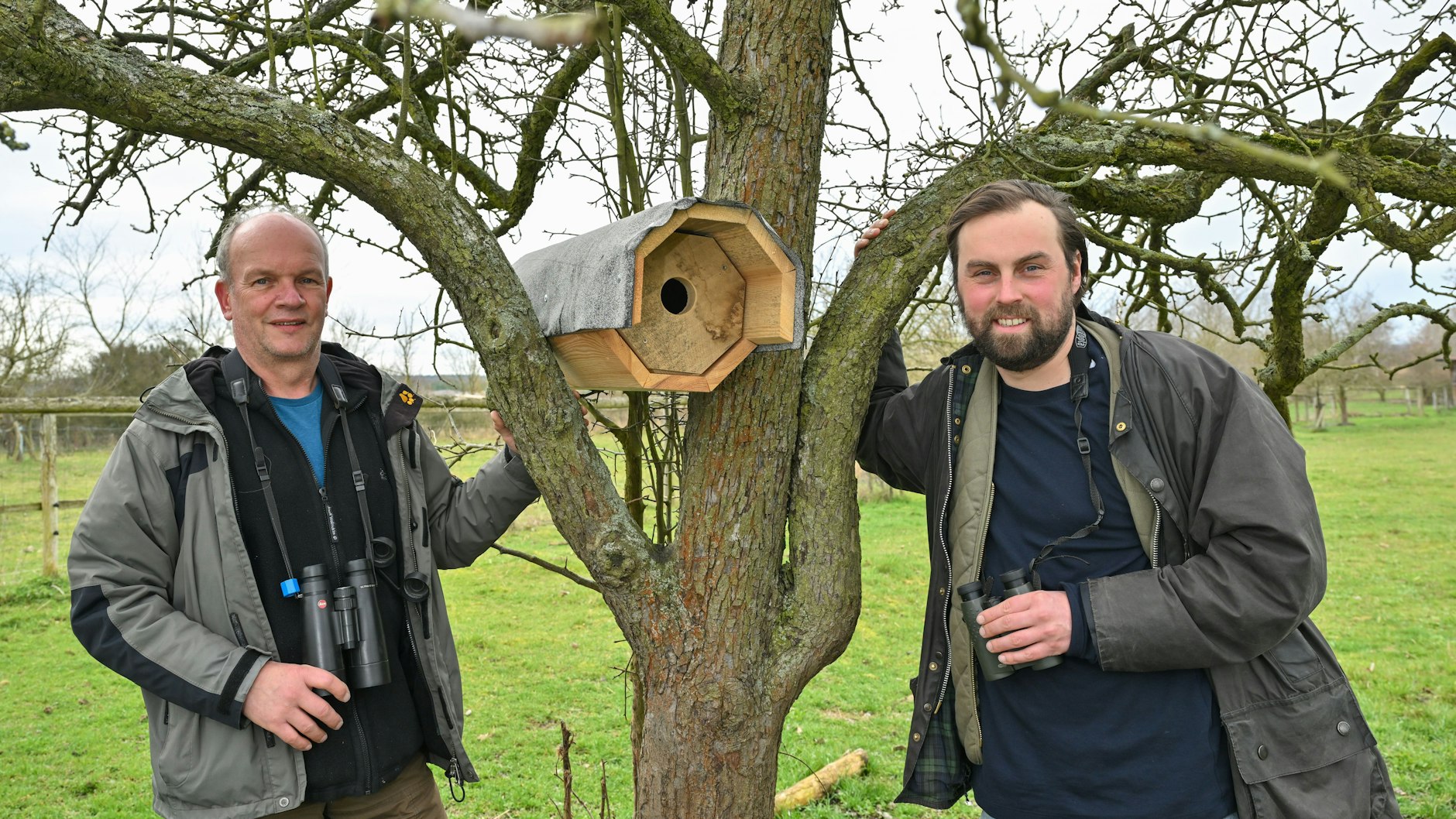 Ralf Donat (l.), Leiter des Natur-Erlebniszentrums Wanninchen der Sielmann-Stiftung, und Philipp Juranek, Hobby-Ornithologe und Naturschützer, haben einen Wiedehopf-Brutkasten auf einer Wiese vom Natur-Erlebniszentrum Wanninchen an einem alten Obstbaum angebracht.