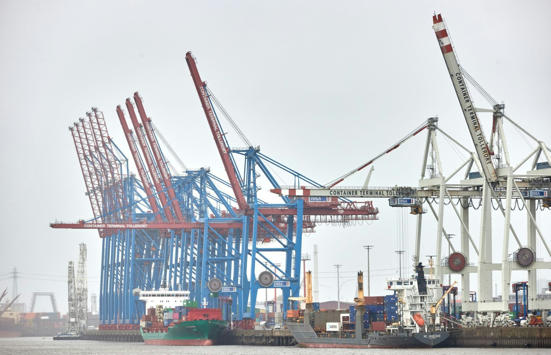 Blaue und weiße Kräne stehen am Hafenterminal Tollerort. Das Hamburger Hafenterminal Tollerort, an dem sich Chinesen beteiligen wollen, ist inzwischen als kritische Infrastruktur registriert.  