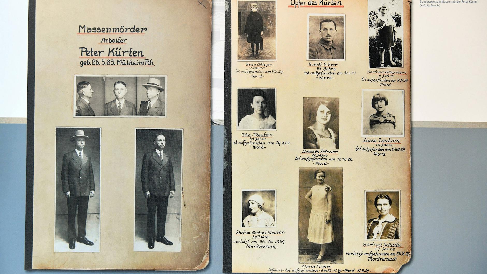 Fotos der Opfer von Peter Kürten aus einer Akte.