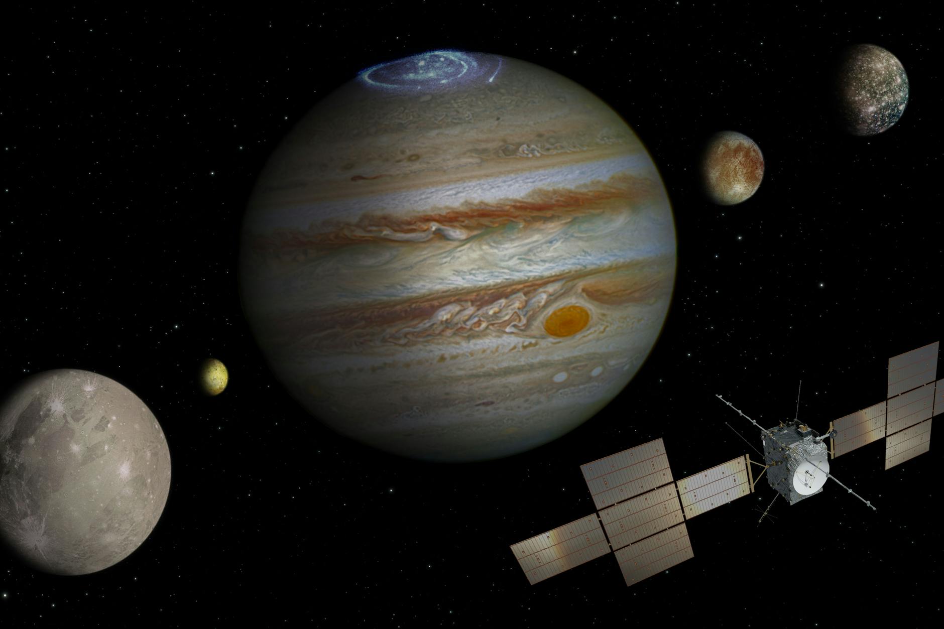 Die nicht maßstabsgetreue Abbildung zeigt die Sonde „Juice“, Jupiter (M) und die Monde Ganymed (l-r), Io, Europa und Kallisto.