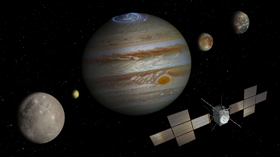 Die nicht maßstabsgetreue Abbildung zeigt die Sonde „Juice“, Jupiter (M) und die Monde Ganymed (l-r), Io, Europa und Kallisto.