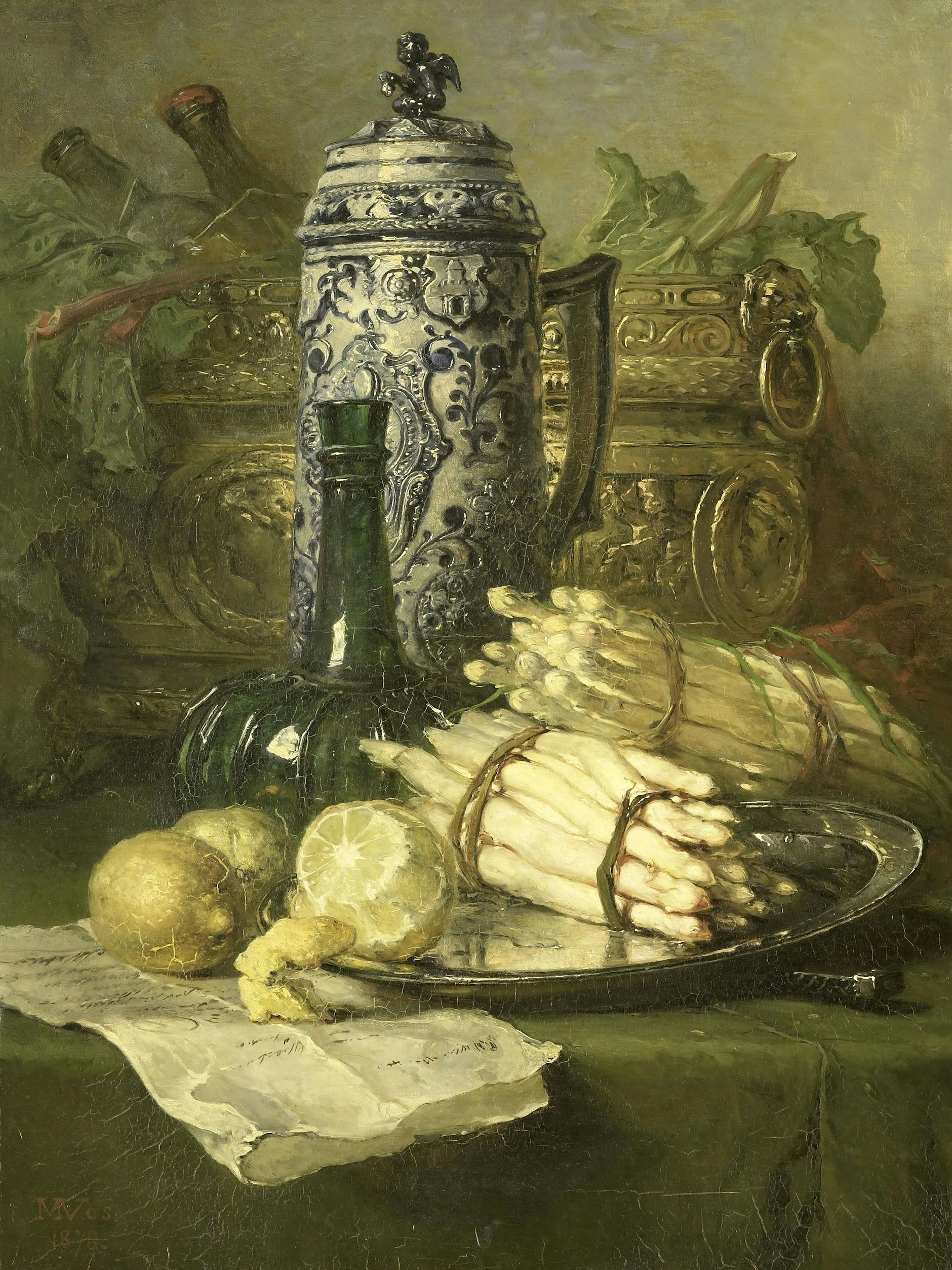 Ein späteres Gemälde: Stilleben mit Spargel und Steinkrug von Maria Vos, 1878.