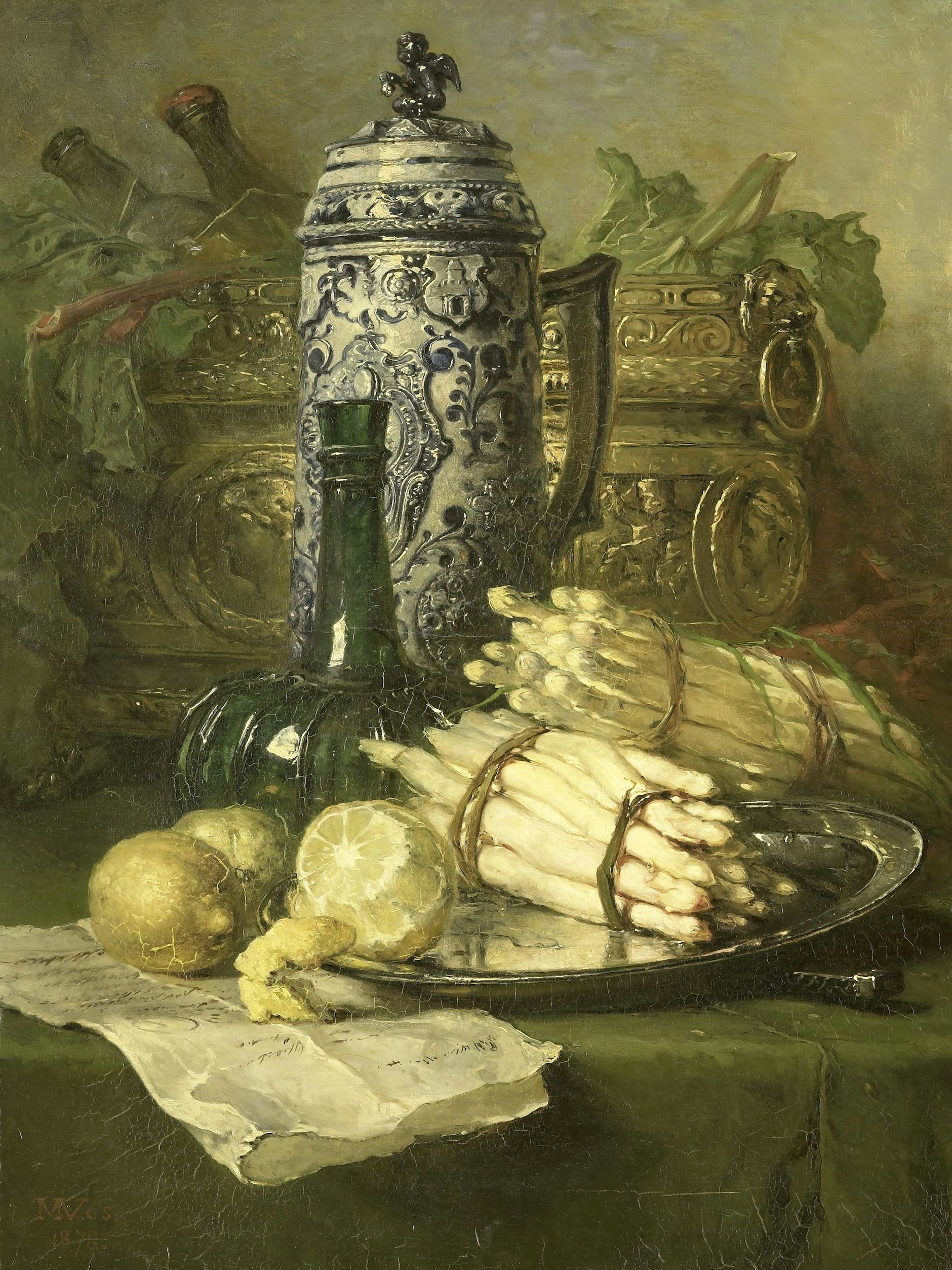 Ein späteres Gemälde: Stilleben mit Spargel und Steinkrug von Maria Vos, 1878.