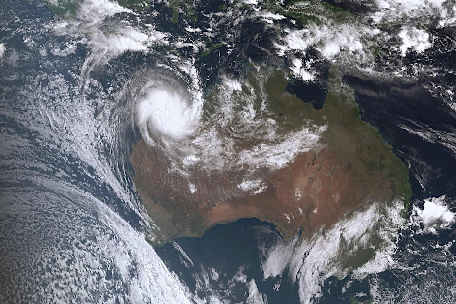 A supplied Bureau of Meteorology satellite image shows Tropical Cyclone Ilsa at 10:30AM AEST, Thursday, April 13, 2023. (AAP Image/Supplied by the Bureau of Meteorology) NO ARCHIVING, EDITORIAL USE ONLY