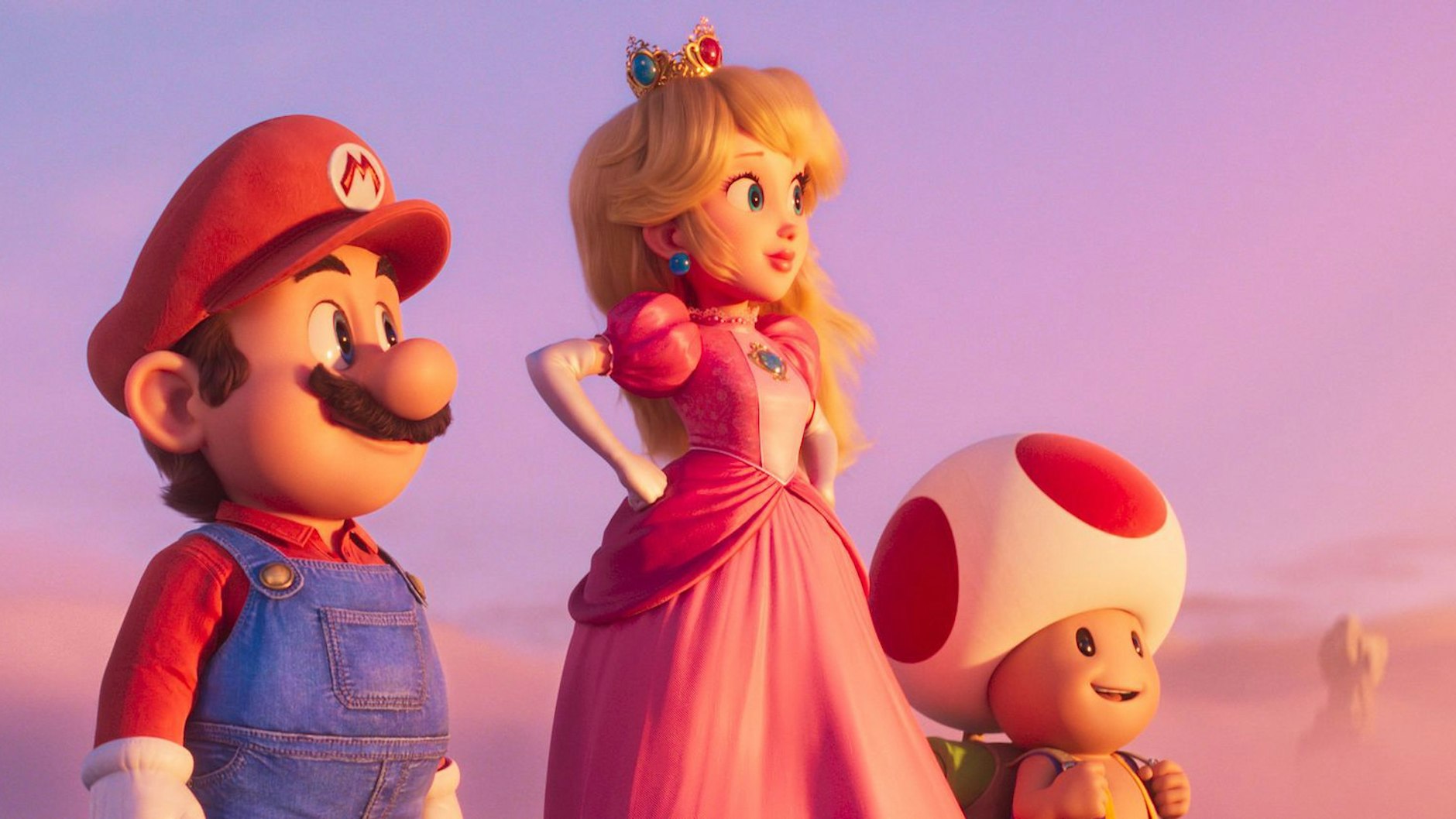 Mario, Peach und Toad in einer Szene des Films „Super Mario Bros.“. Der Streifen, der seit ein paar Tagen in den Kinos läuft, ist ab 6 Jahren freigegeben.