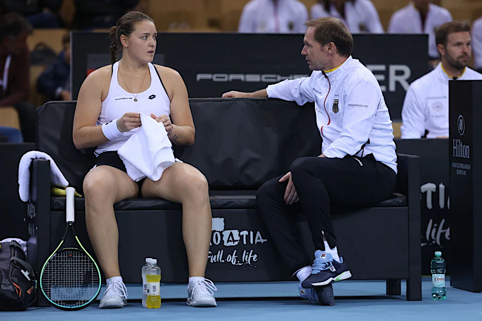 RIJEKA, CROATIA â NOVEMBER 11: Jule Niemeier of Germany is consoled by their captain Rainer Schuettler during the Day One Billie Jean King Cup Play-Off match between the Croatia and Germany at Sports Hall Zamet on November 11, 2022, in Rijeka Croatia. Photo: Nel Pavletic/PIXSELL