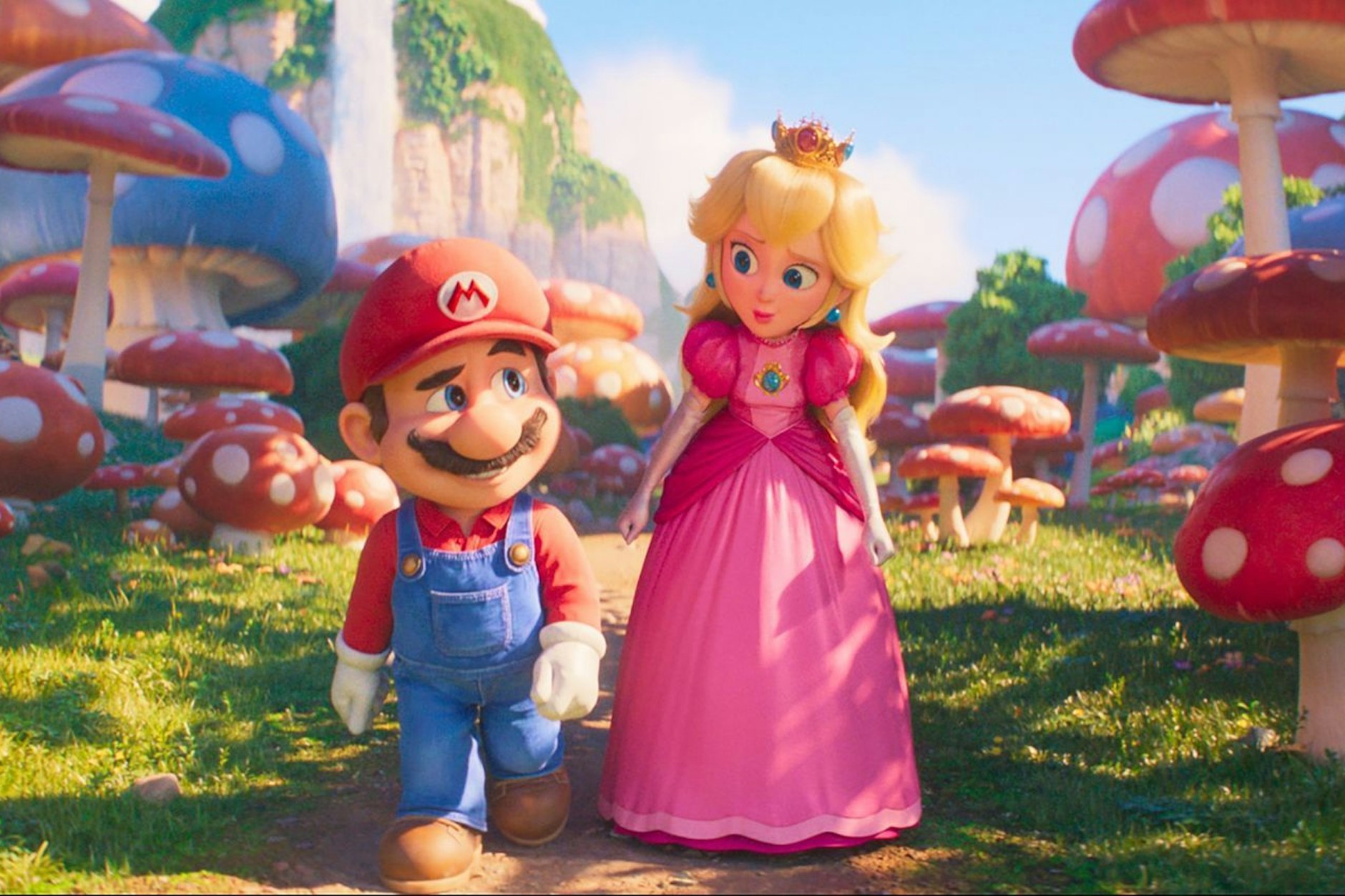 Mario und Prinzessin Peach im Pilz-Land – eine Szene aus dem neuen Kinofilm „Super Mario Bros.“.