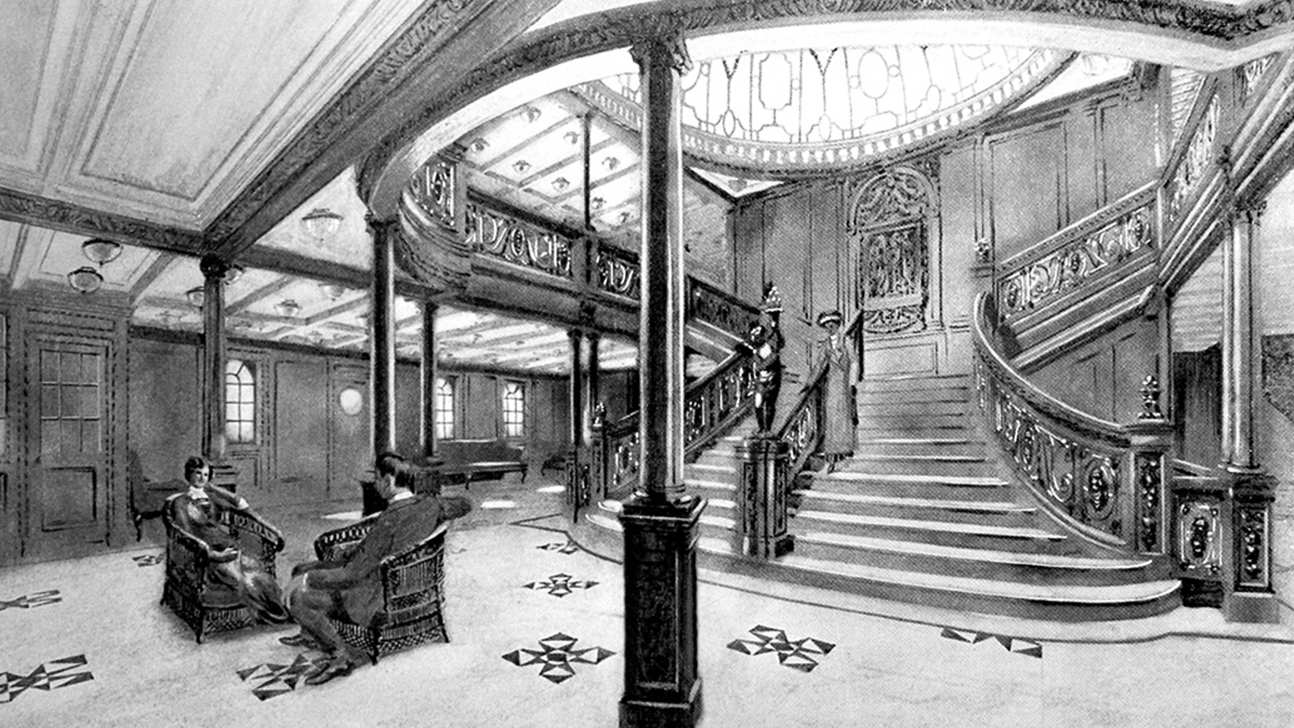 Die Illustration zeigt die große Treppe in der Kuppel-Halle der Titanic – das Design war außergewöhnlich luxuriös.